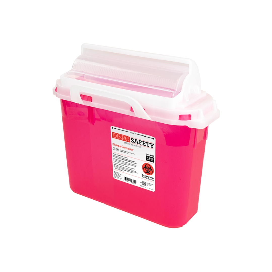 The Dynarex Sharps Containers feature a red plastic body, white lid, and handle labeled "Dispo Safety," providing safe disposal for needles and other medical sharps.